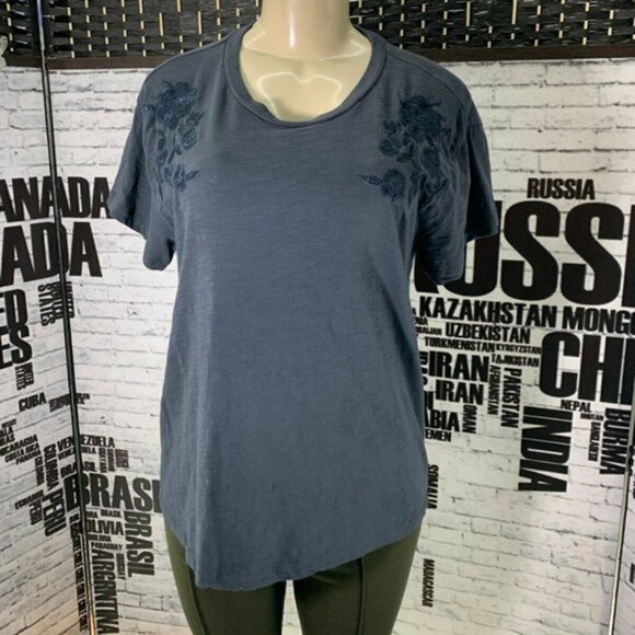 Lucky Brand Tops - Lucky Brand Gray Embroidered Floral Crew T-Shirt